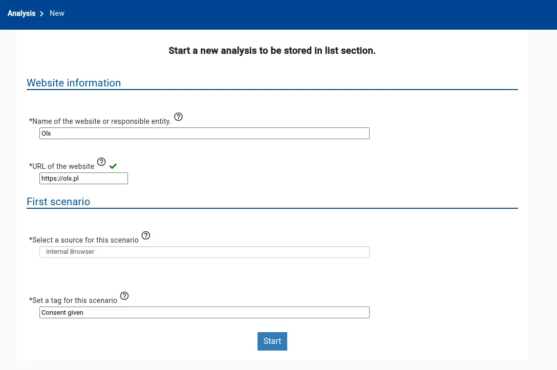 Zakładka dodawania nowej analizy